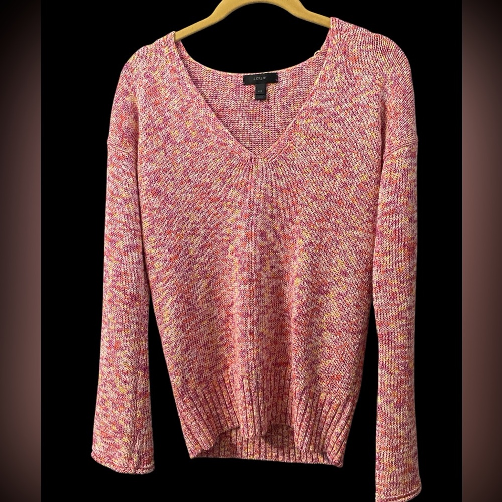 J Crew Women's Pullover Sweater Size XXS Pink Orange Heathered Print V Neck